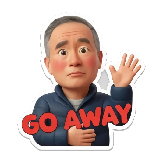 Man waving hand dismissively saying 'GO AWAY' Cheerful Middle-Aged Gentleman sticker for expressive chats and social replies.