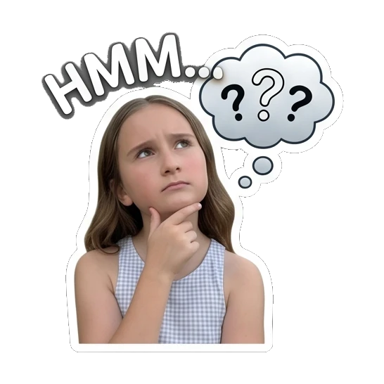 Girl thinking with question marks and Hmm text Daily Life of Two Sisters sticker for expressive chats and social replies.