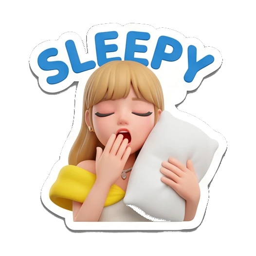 Blonde girl yawning with pillow, sleepy expression. Golden Girl Daily Vibes sticker for expressive chats and social replies.