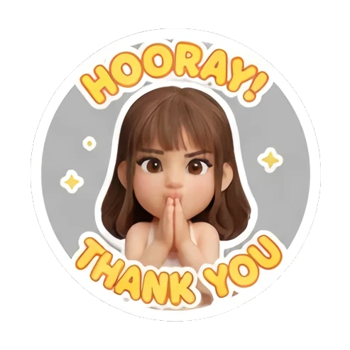 Girl expressing gratitude with hands together and Hooray Thank You text Cute 3D Girl Daily Life sticker for expressive chats and social replies.