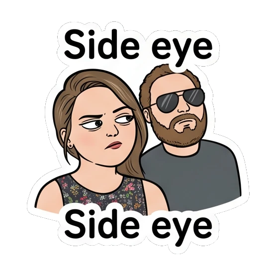 Woman giving side eye with text Side eye Couple Vibes Daily sticker for expressive chats and social replies.