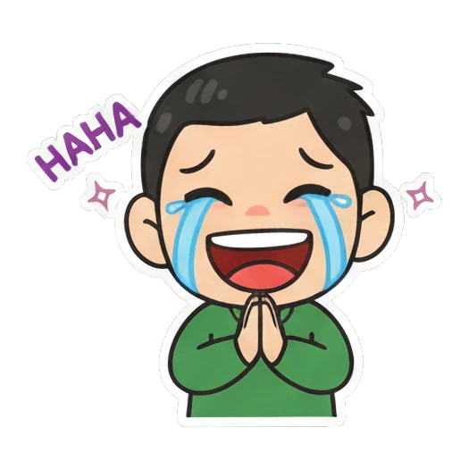 Boy laughing out loud with tears of joy Cheerful Green Shirt Boy sticker for expressive chats and social replies.