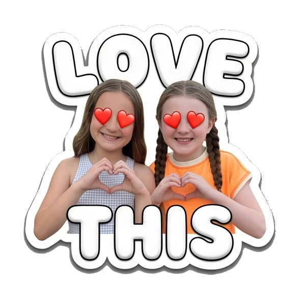Two girls making heart shapes with hands and text LOVE THIS Cheerful Girl Daily Life sticker for expressive chats and social replies.