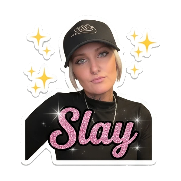 Woman posing confidently with sparkles, text Slay Cool Girl Daily Vibes sticker for expressive chats and social replies.