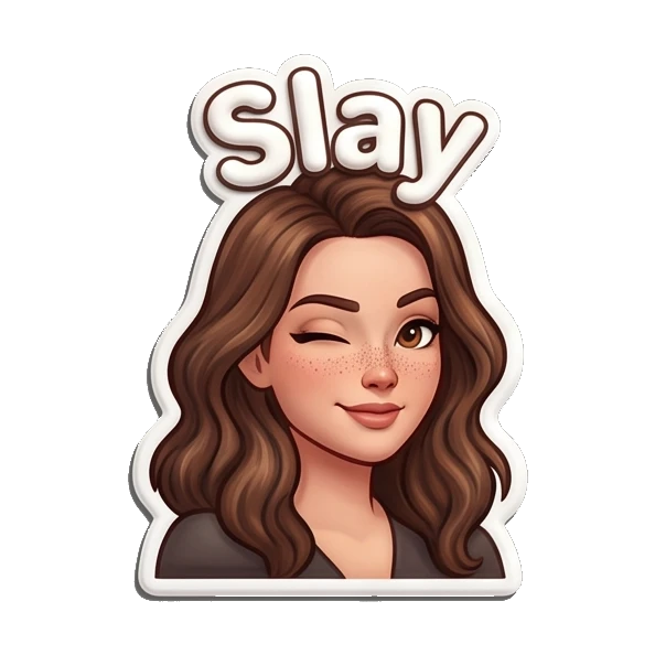 Winking girl with sparkles saying Slay. Playful Brunette Expressions sticker for expressive chats and social replies.