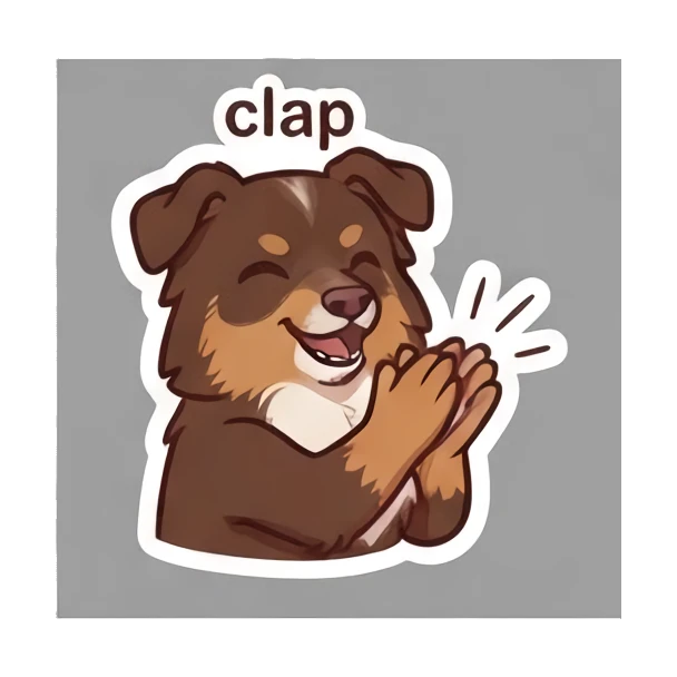 Aussie dog clapping with a cheerful smile. Cheerful Aussie Buddy sticker for expressive chats and social replies.