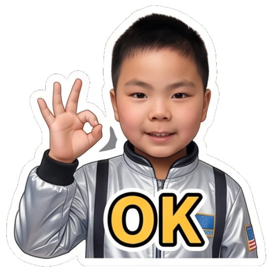 Young boy making an OK hand gesture with a space suit. Little Astronaut Daily sticker for expressive chats and social replies.