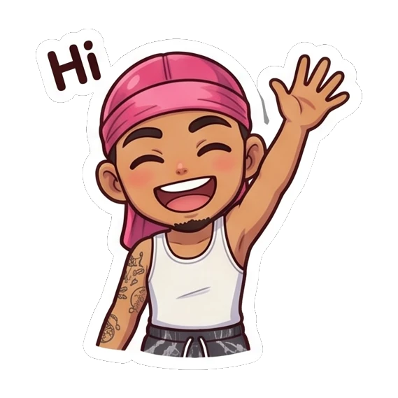 Guy in pink durag waving hello with a big smile Cool Durag Guy sticker for expressive chats and social replies.