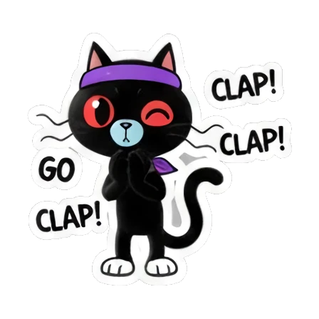 Black cat clapping hands with clap text. Cool Black Cat Daily sticker for expressive chats and social replies.