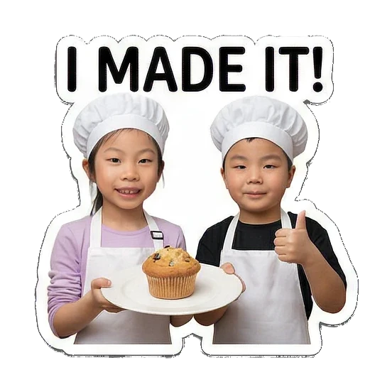 proudly showing muffin Little Chefs Cooking Adventures sticker for expressive chats and social replies.