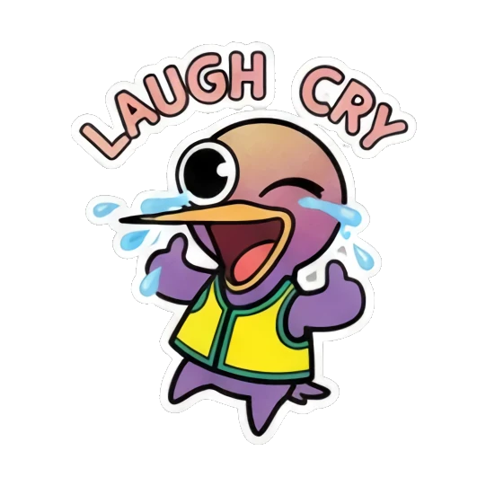 小鸟边笑边哭，头顶LAUGH CRY文字，表示哭笑不得 Funny Bird Daily Life sticker for expressive chats and social replies.