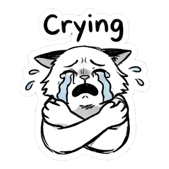 Cat crying with heavy tears and hugging itself, text Crying Quirky Doodle Cat Moods sticker for expressive chats and social replies.