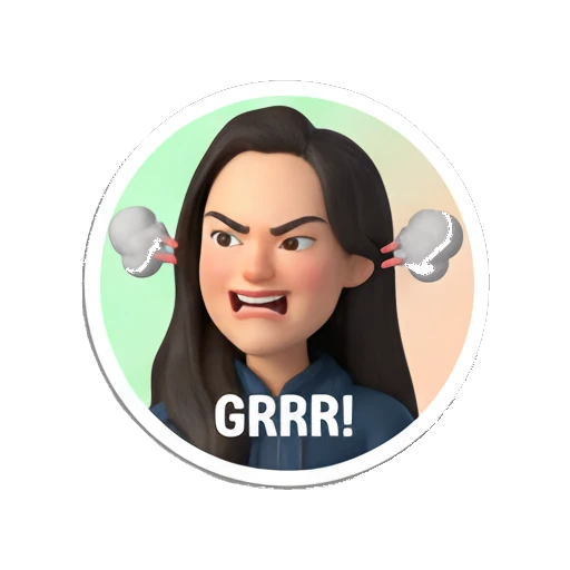 Young woman looking angry with steam from ears, text GRRR! My Daily 3D Avatar sticker for expressive chats and social replies.