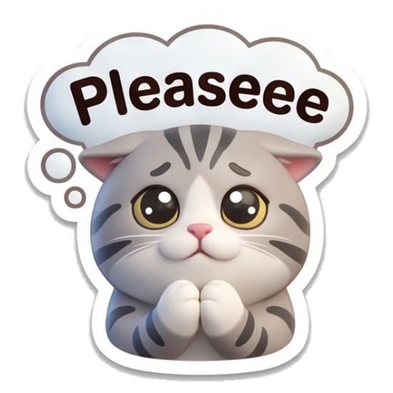 Pleading grey cat with clasped paws and text Pleaseee Cute Grey Tabby Daily sticker for expressive chats and social replies.