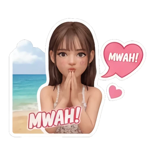 Girl blowing a kiss with heart icon saying MWAH Summer Beach Girl Vibes sticker for expressive chats and social replies.