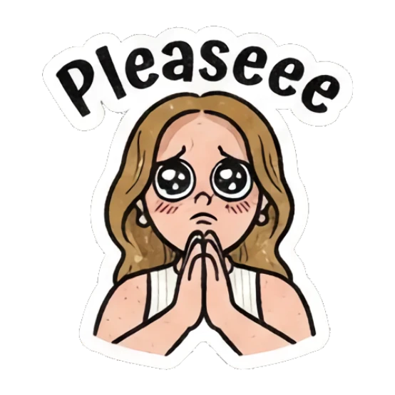 Girl with pleading puppy eyes and hands together, text 'Pleaseee' Retro Comic Girl Expressions sticker for expressive chats and social replies.