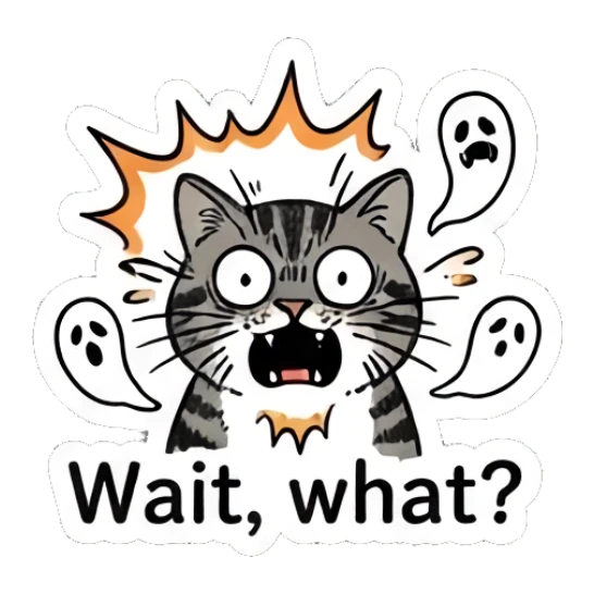Shocked tabby cat with ghosts, text Wait, what? Spooky Tabby Cat Adventures sticker for expressive chats and social replies.