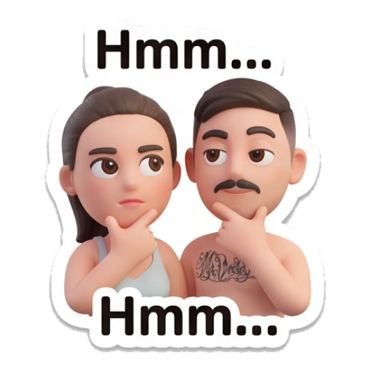 Couple thinking with hand on chin with text Hmm... Our Daily Vibes sticker for expressive chats and social replies.