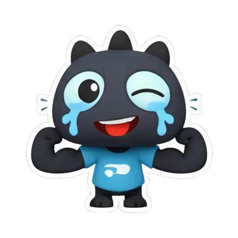 Black monster cries tears of joy with blue shirt. Little Black Monster Moods sticker for expressive chats and social replies.