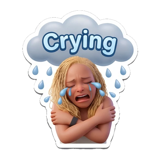 Blonde girl crying under a rain cloud with Crying text Blonde Girl Daily Vibes sticker for expressive chats and social replies.