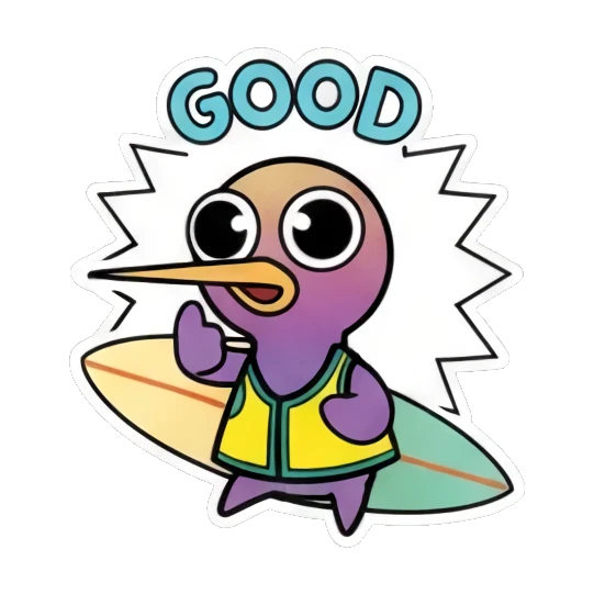 小鸟拿着冲浪板，头顶GOOD文字，表示很棒 Funny Bird Daily Life sticker for expressive chats and social replies.