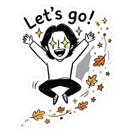 Energetic boy jumping with joy, text Let's go Autumn Indie Doodle Guy sticker for expressive chats and social replies.