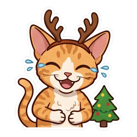 Ginger cat with reindeer antlers laughing happily near a tree Ginger Cat Holiday Joy sticker for expressive chats and social replies.