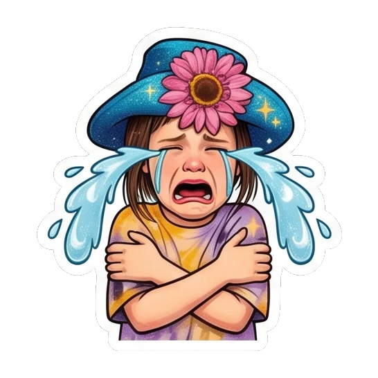 Crying girl hugging herself with tears streaming down with text Crying Sunflower Girl Daily Vibes sticker for expressive chats and social replies.