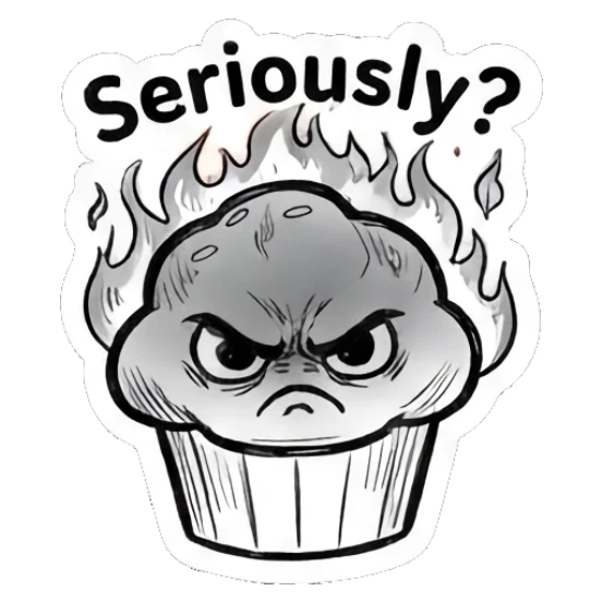 Muffin fuming with fire on head Muffin Moods sticker for expressive chats and social replies.