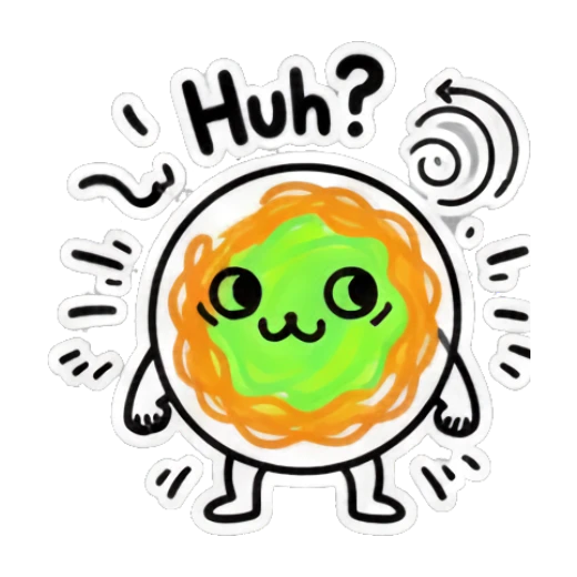 Spaghetti character looking confused with 'Huh?' text. Spaghetti Doodle Pals sticker for expressive chats and social replies.