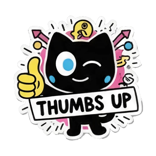 Black cat winking, giving a thumbs up with THUMBS UP text. Keith Haring Style Black Cat sticker for expressive chats and social replies.