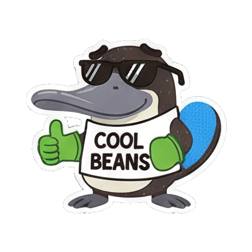 Cool platypus wearing sunglasses with COOL BEANS text Playful Platypus Pals sticker for expressive chats and social replies.