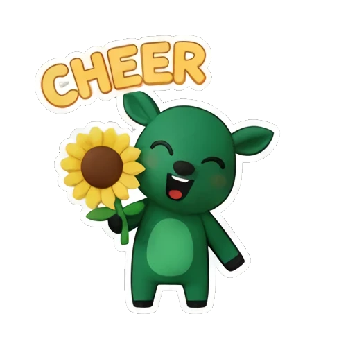 Green deer holding a sunflower with CHEER UP text Green Deer Joyful Adventures sticker for expressive chats and social replies.