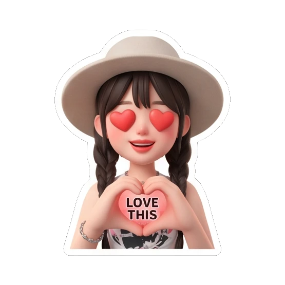 Girl in hat with heart eyes making heart shape with hands and text LOVE THIS Chic Hat Girl Expressions sticker for expressive chats and social replies.