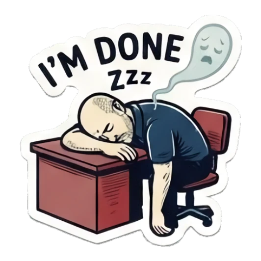 Bald man sleeping on a desk, text I'M DONE Bald Guy Daily Vibes sticker for expressive chats and social replies.