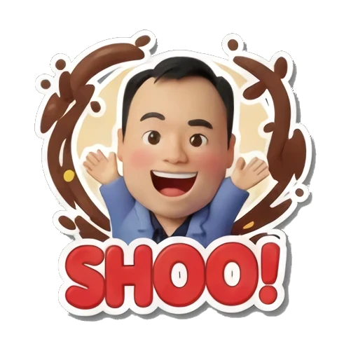 职场男士挥手驱赶，周围有咖啡溅起，文字SHOO Office Guy Daily Vibes sticker for expressive chats and social replies.