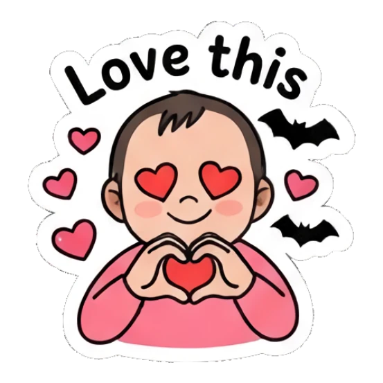 Baby making a heart shape with hands, text 'Love this' Little Spooky Moods sticker for expressive chats and social replies.