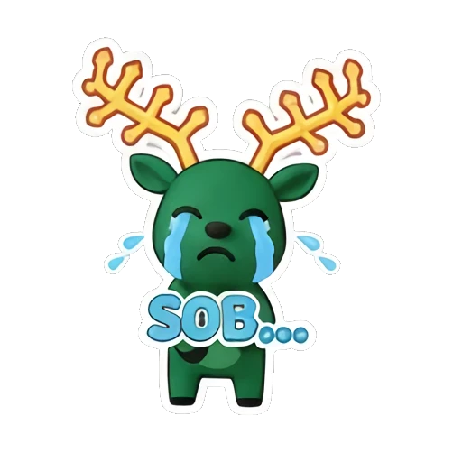 Sad green deer crying with blue tears and SOB text Green Deer Joyful Adventures sticker for expressive chats and social replies.