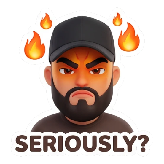 Man with beard looking angry with fire effect, text SERIOUSLY? Modern Couple Daily Vibes sticker for expressive chats and social replies.