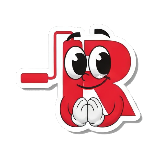 Letter R with happy face and clasped hands Red Letter R Adventures sticker for expressive chats and social replies.