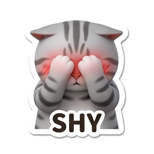 Gray tabby cat covering eyes with paws shyly with SHY text Cheerful Gray Tabby Cat sticker for expressive chats and social replies.