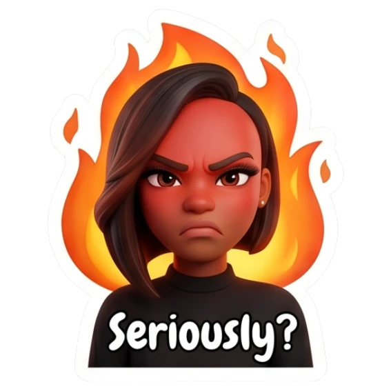 Woman looking angry with fire background, text says Seriously. Modern Chic Expressions sticker for expressive chats and social replies.