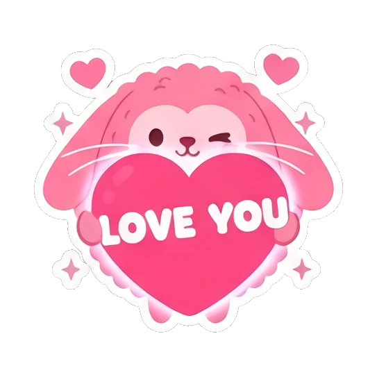 Pink bunny holding a heart with 'LOVE YOU' text. Pink Fluffy Bunny Emotions sticker for expressive chats and social replies.