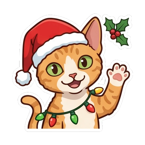 Ginger cat wearing Santa hat waving hello with Christmas lights Ginger Cat Holiday Joy sticker for expressive chats and social replies.
