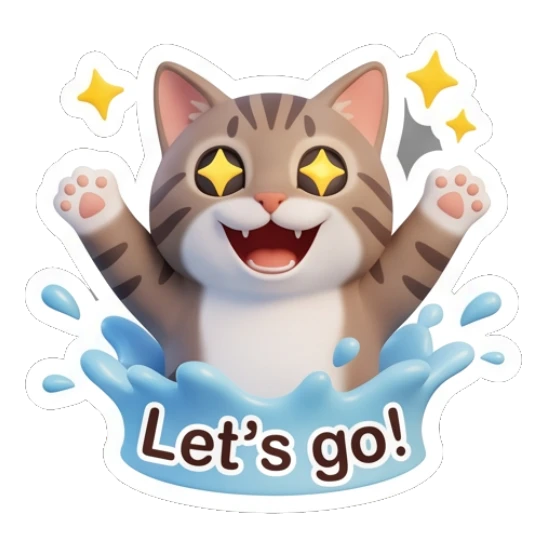 Tabby cat jumping excitedly in water, text Lets go Tabby Cat Daily Vibes sticker for expressive chats and social replies.