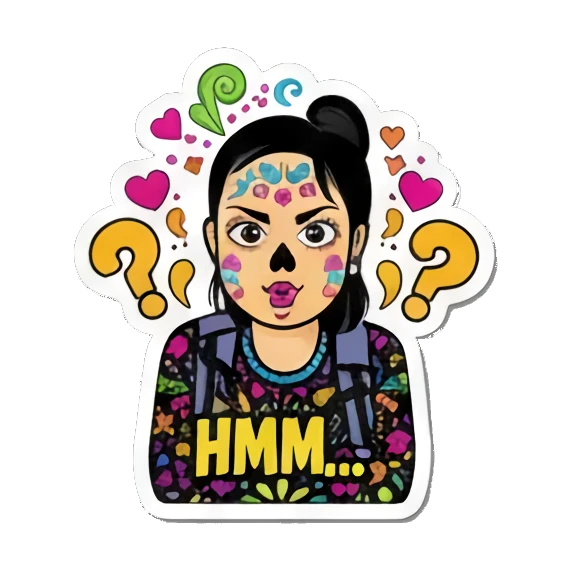 女孩若有所思, 沉思表情, 琢磨不透, 疑问表情, 糖骷髅思, 思考中 Día de Muertos Diva sticker for expressive chats and social replies.