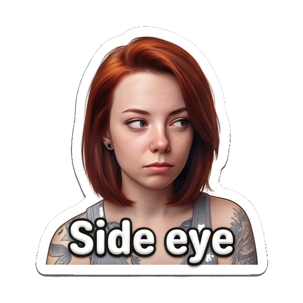 Skeptical red-haired girl giving a side-eye glance. Red-Haired Girl Expressions sticker for expressive chats and social replies.