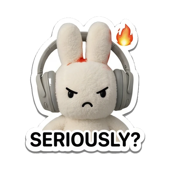 Bunny looking angry with a fire icon saying SERIOUSLY? Music Loving Bunny sticker for expressive chats and social replies.