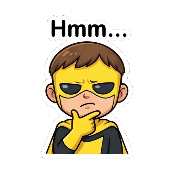 Superhero boy in a thoughtful pose with a hand on his chin. Yellow Hero Adventures sticker for expressive chats and social replies.