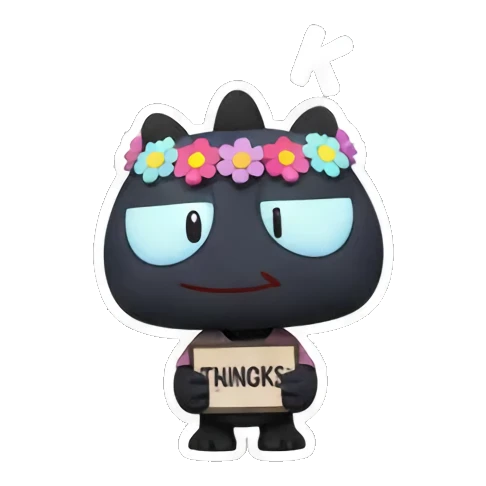 Black monster with flower crown holds a THANKS sign. Little Black Monster Moods sticker for expressive chats and social replies.